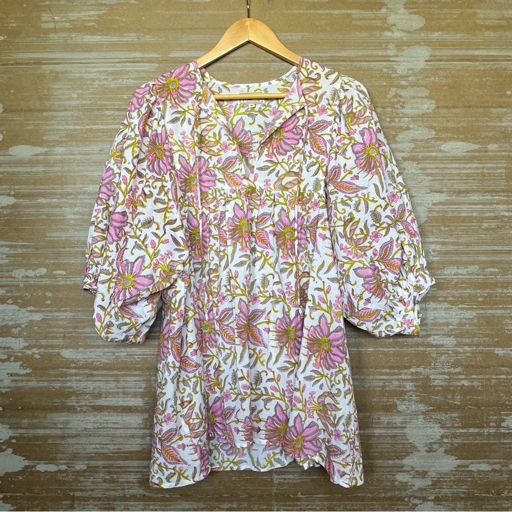 Mille Thalia Puff Sleeve Blouse Pink Floral Preppy Vacation Womens M